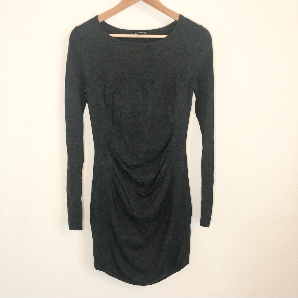 Gray Sweater Dress Long Sleeves Bodycon Ruched Front, Size Small Express
